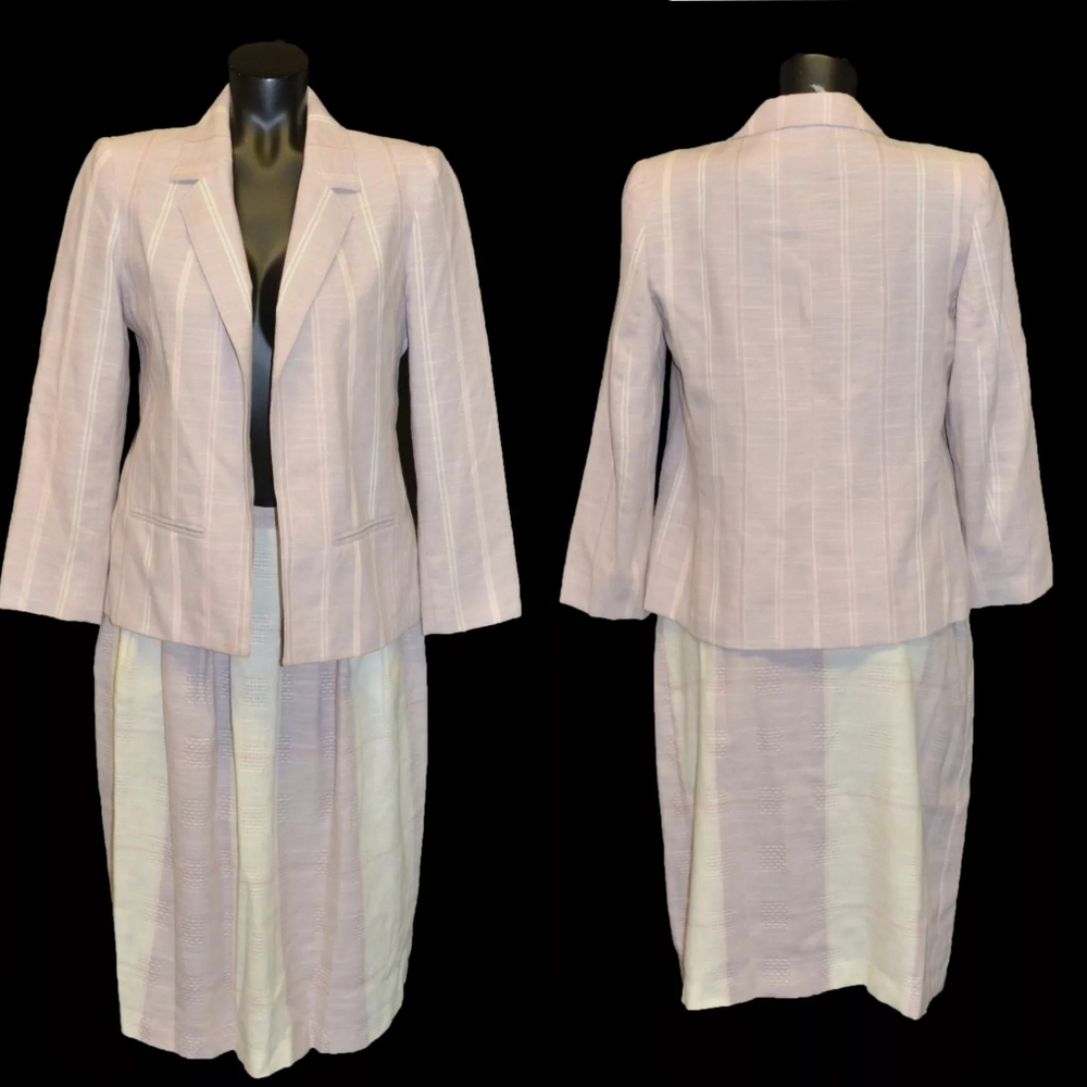 Oui Petites Vintage 80s Pink Striped  Blazer & Skirt Suit Set sz 10